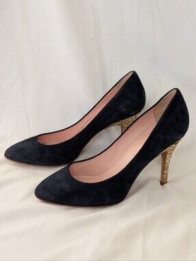 Kate Spade New York Navy Blue Suede w/ Gold Glitter Heels Pumps US Women's 6.5 W
